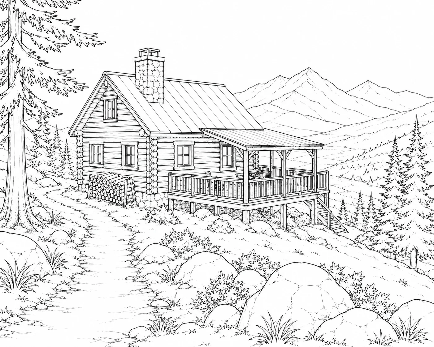 Peaceful Mountain Cabin Coloring Page