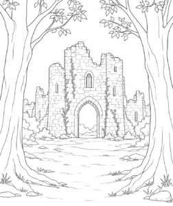 Pine Forest Ancient Ruins Coloring Page