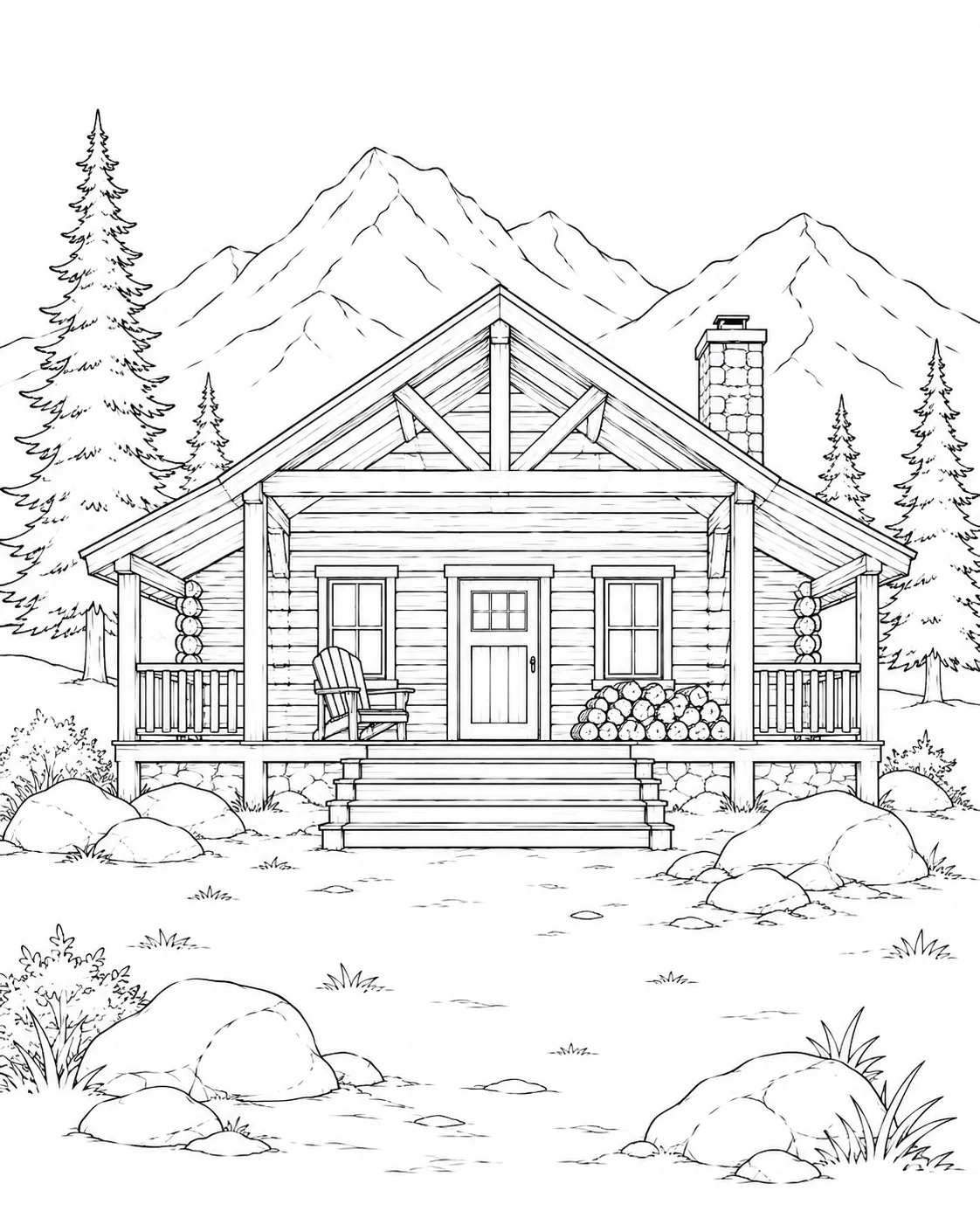 Pine Forest Cabin Coloring Page