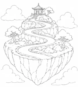 Pine Forest Floating Island House Coloring Page