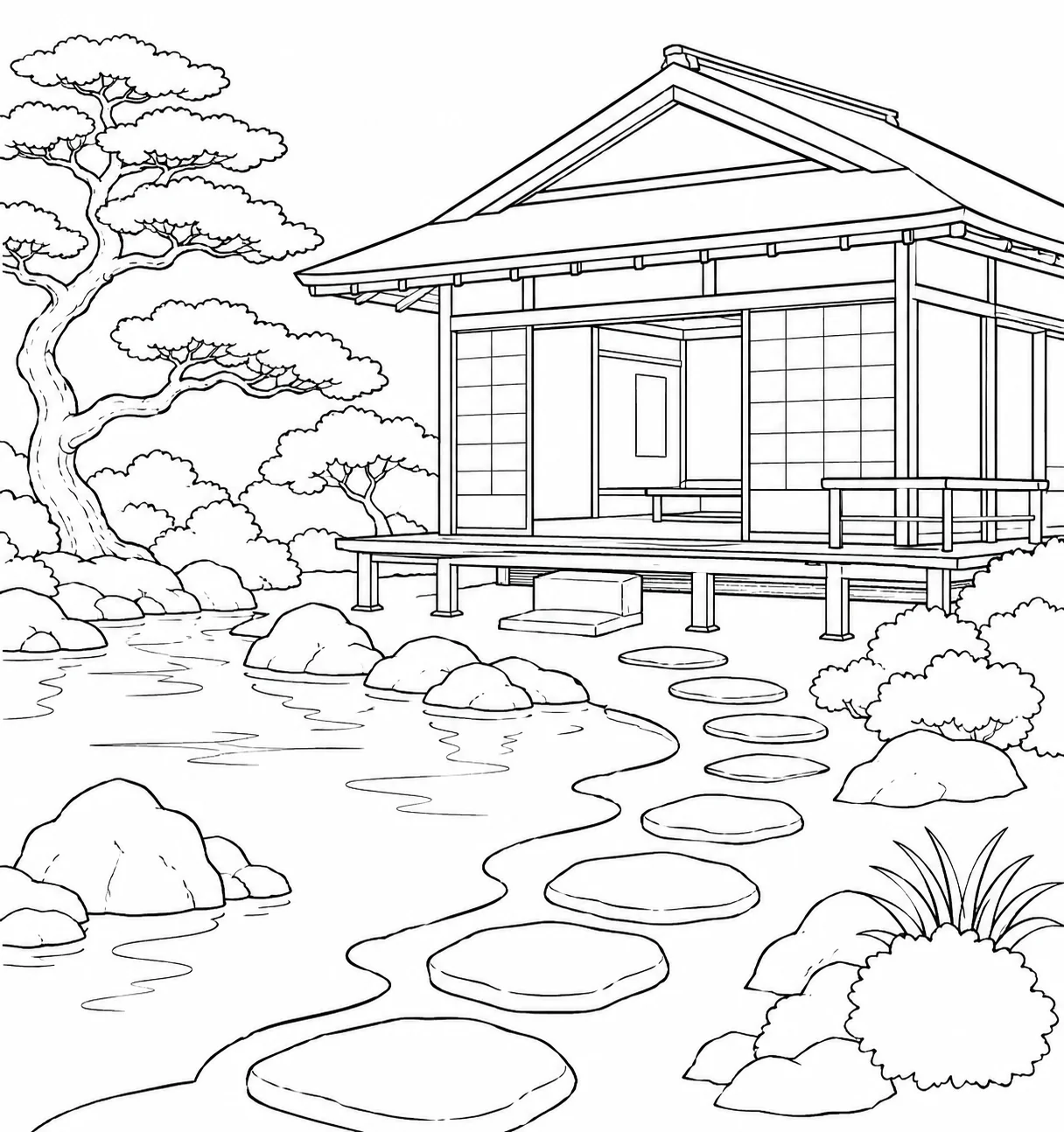 Quiet Japanese Garden Tea House Coloring Page