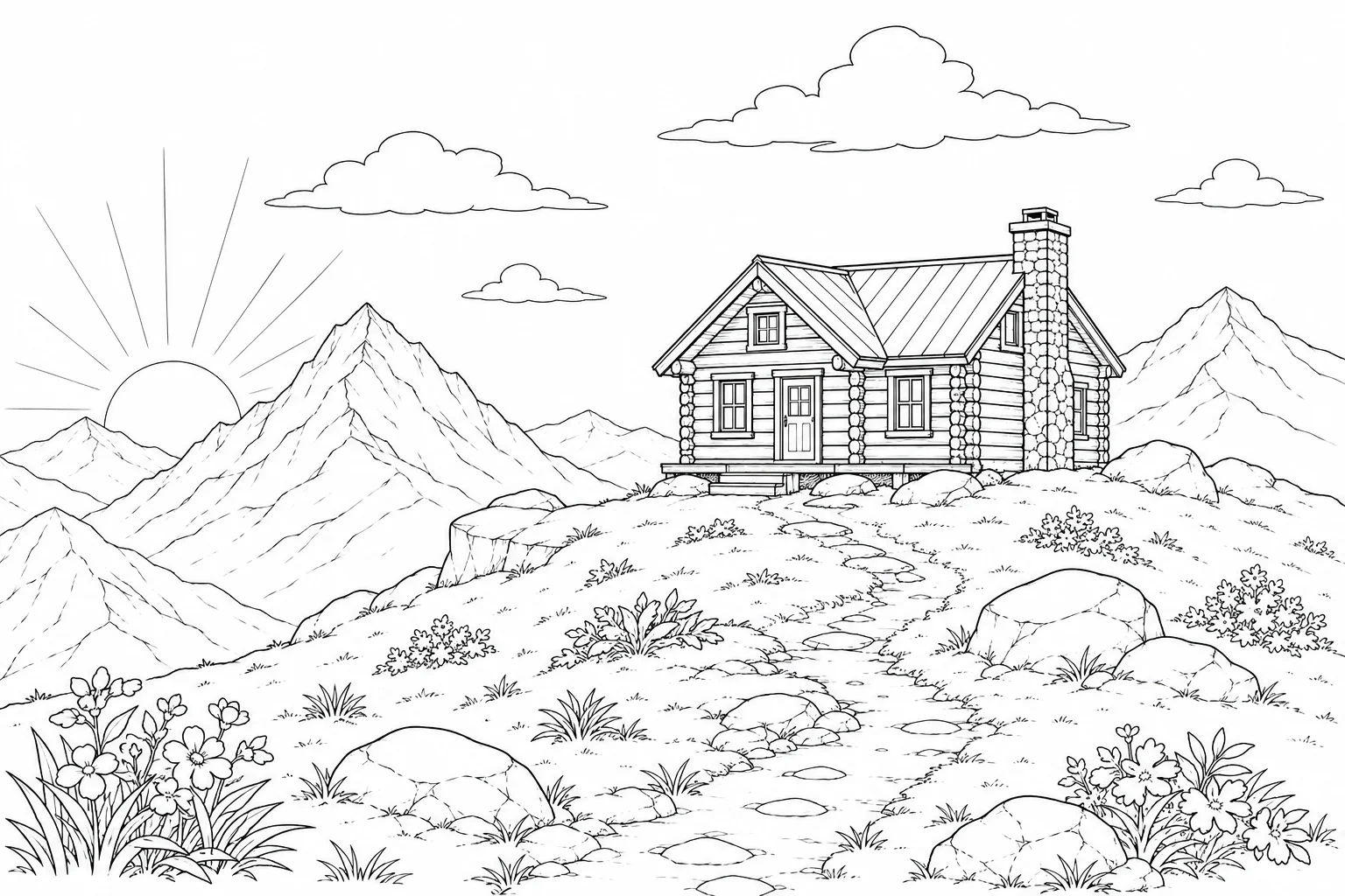 Quiet Mountain Cabin Coloring Page