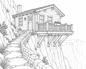Quiet Mountain Cliff Cabin Coloring Page