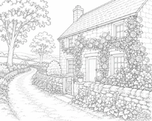 Riverbank Blooming Garden House Coloring Page