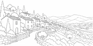 Riverbank Mountain Hillside Village Coloring Page