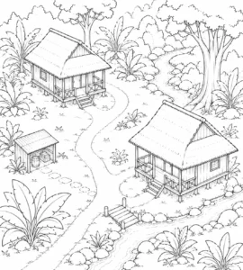 Riverbank Tropical Rainforest Hut Coloring Page