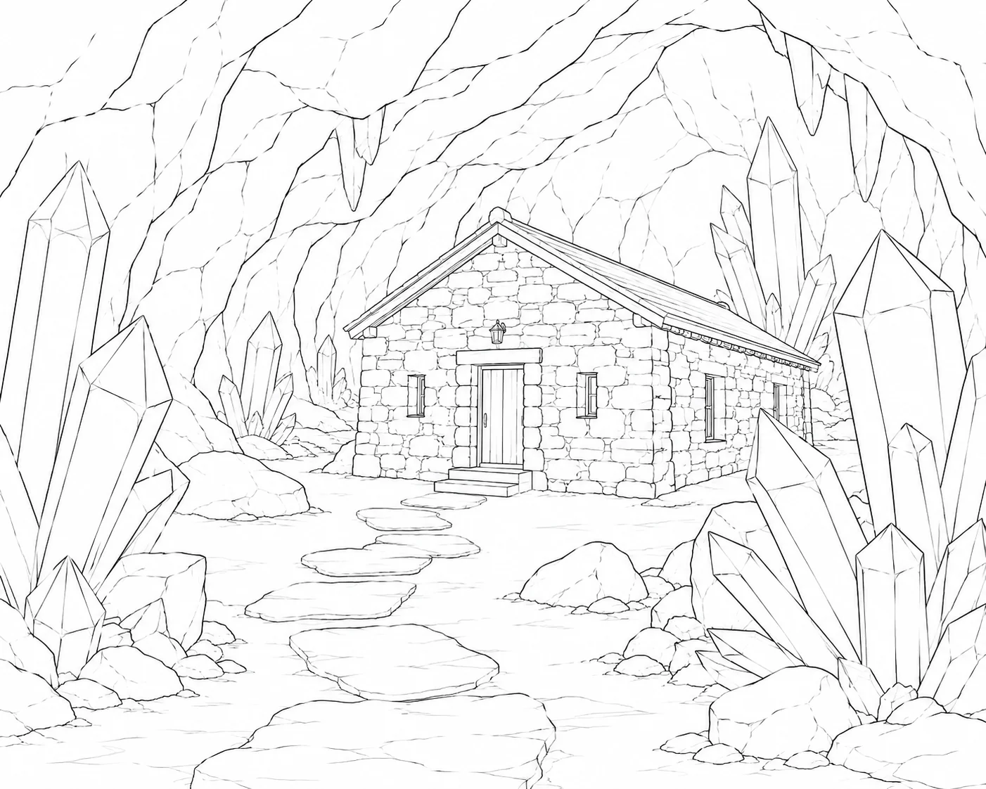 Rocky Crystal Cave House Coloring Page