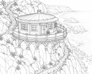 Round Cliffside Observatory House Coloring Page