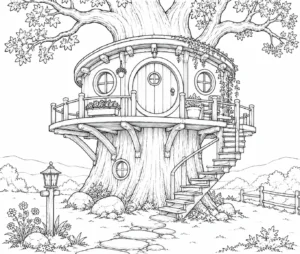 Round Hobbit Treehouse Coloring Page