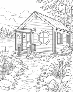 Round Window Lakeside Cabin Coloring Page