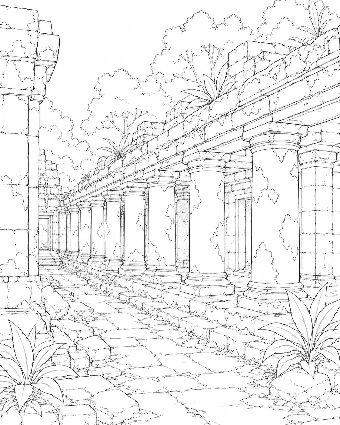 Ruined Temple Corridor Coloring Page