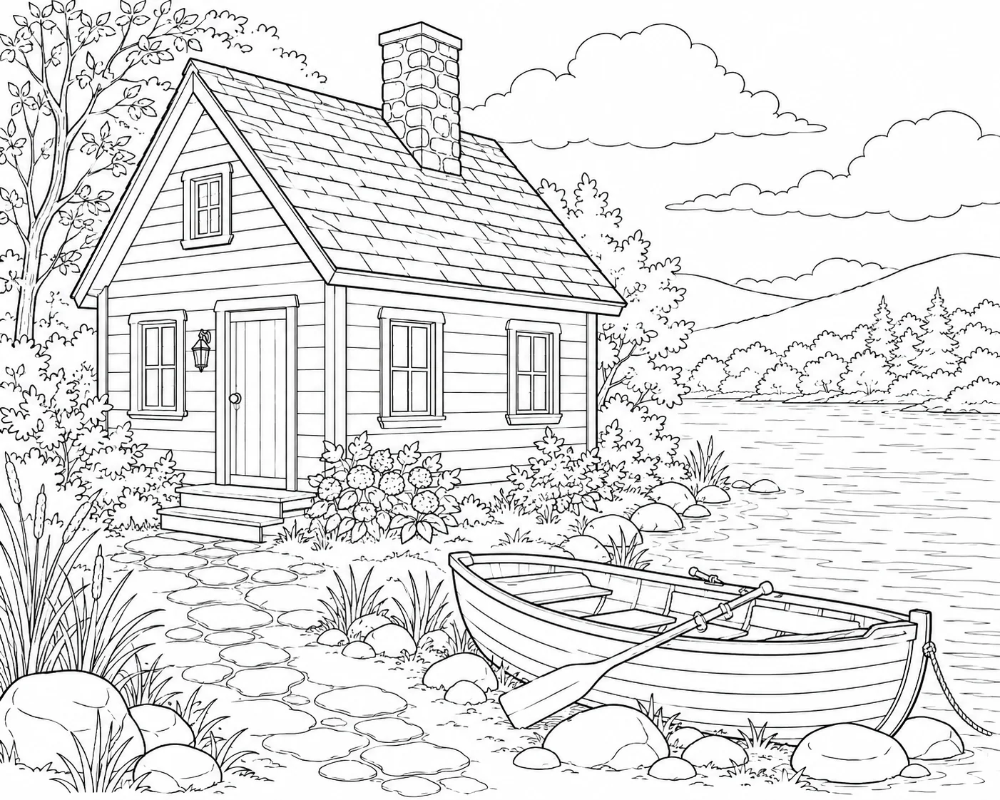 Rustic Cottage With Rowboat by Lake Coloring Page