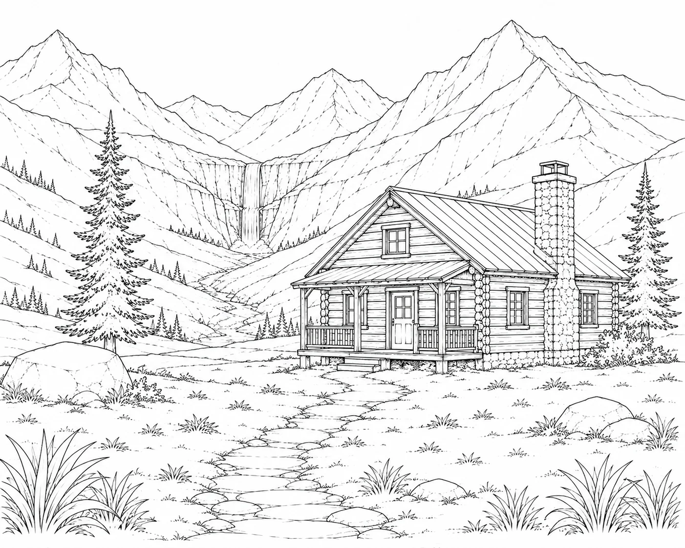 Rustic Mountain Cabin Coloring Page