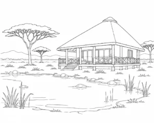 Rustic Rainforest Hut Coloring Page