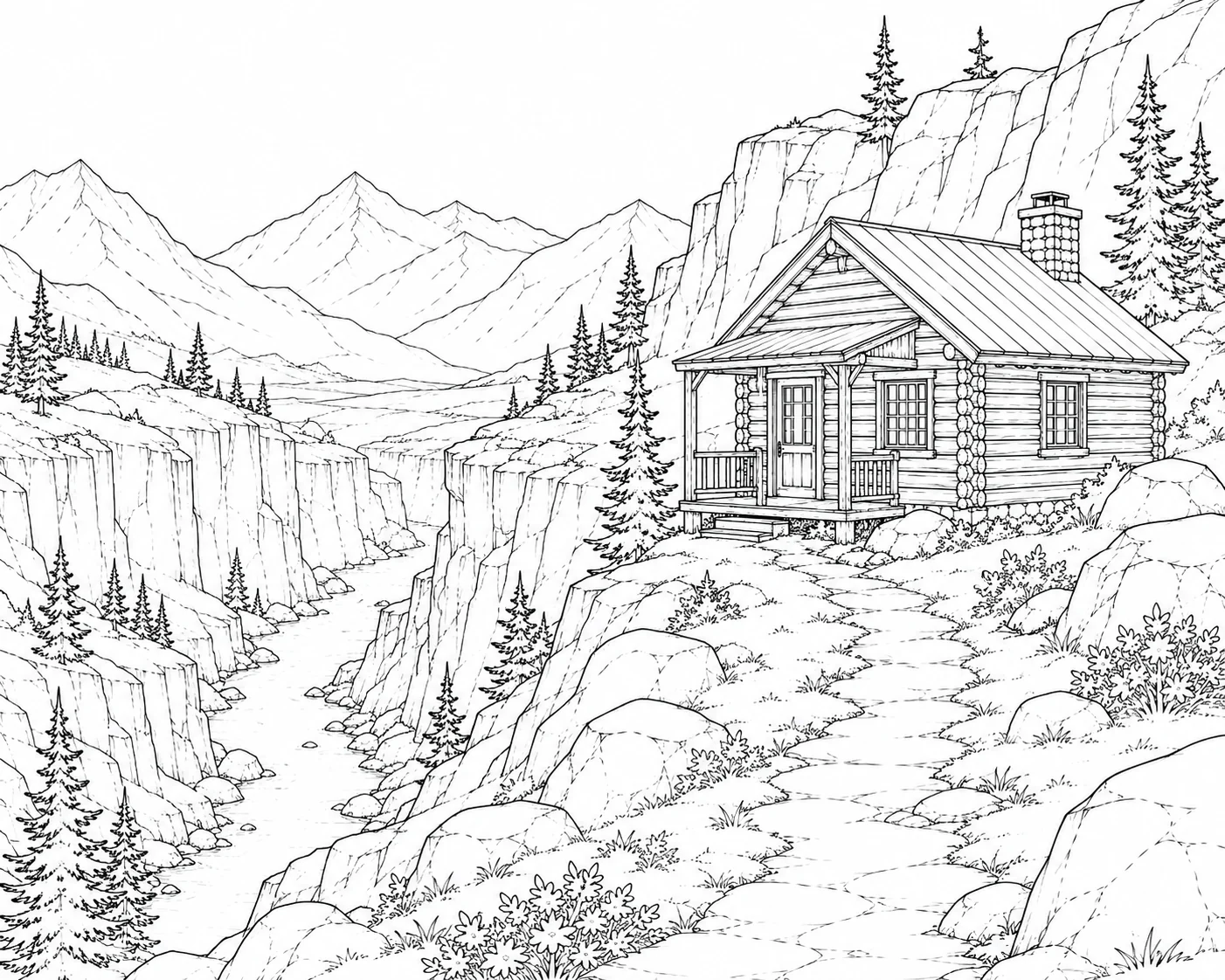 Scenic Mountain Cabin Coloring Page