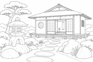 Seaside Japanese Garden Tea House Coloring Page