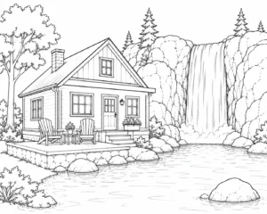 Simple Cottage With Waterfall View Coloring Page