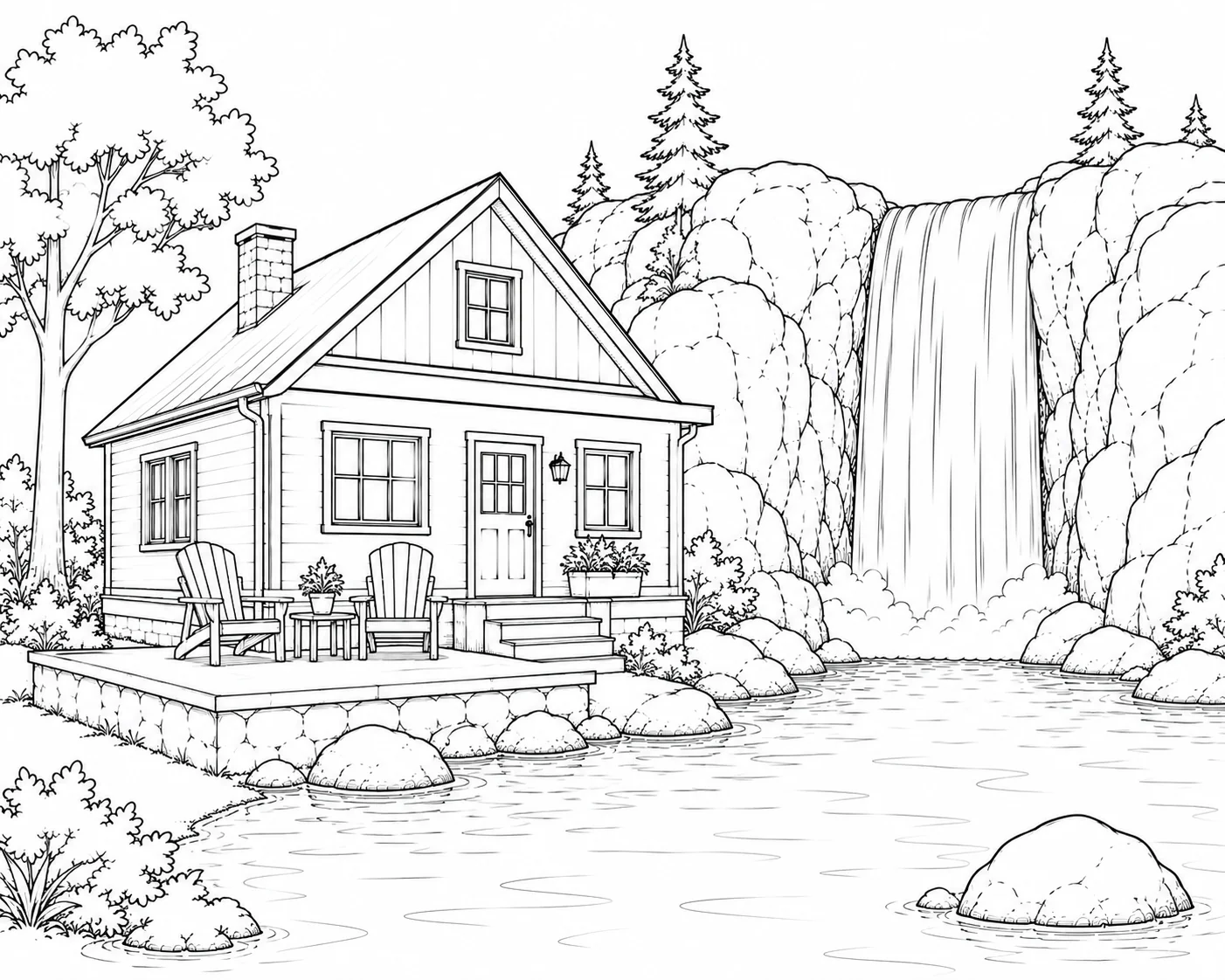 Simple Cottage With Waterfall View Coloring Page
