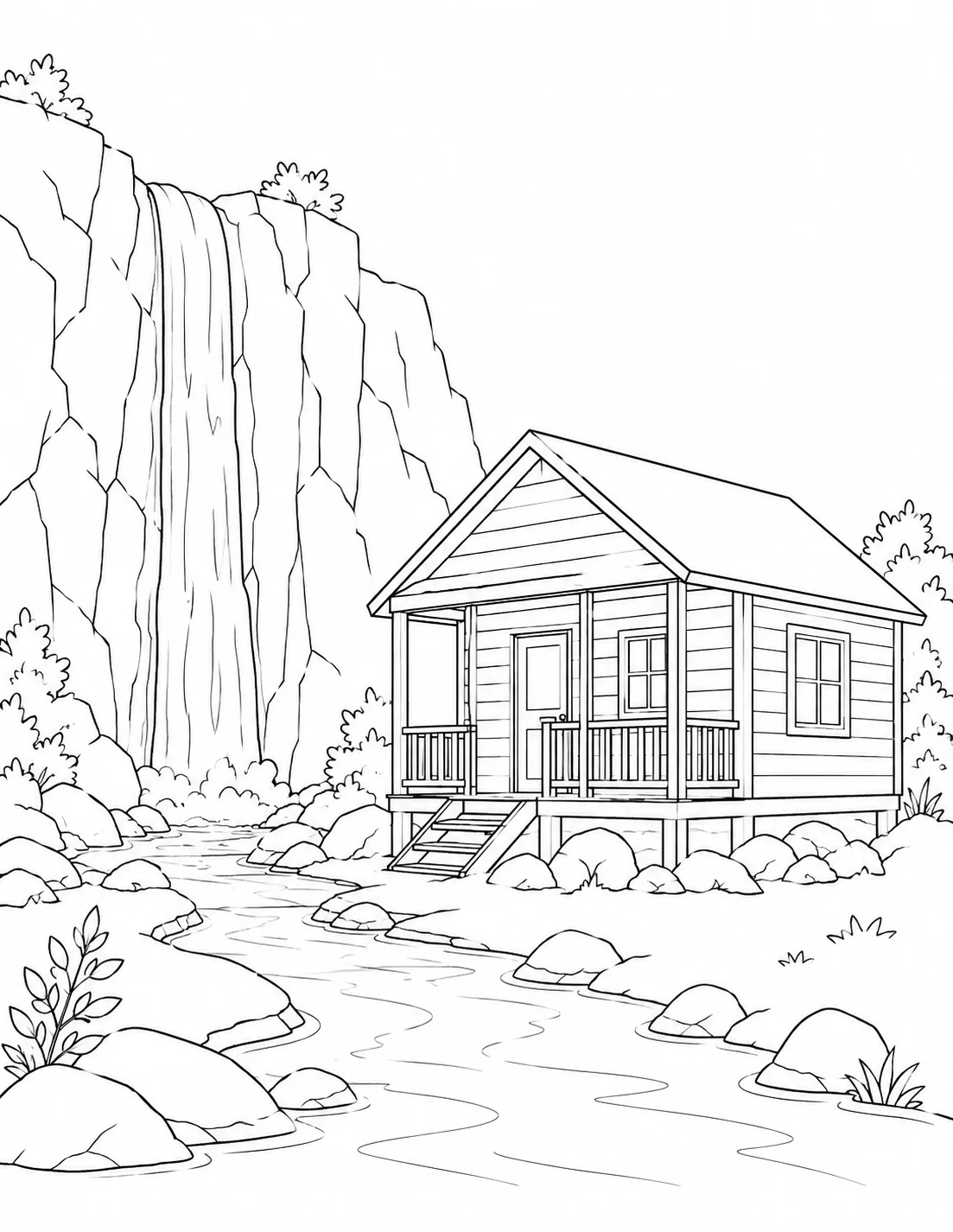 Small Cottage by Tall Waterfall Coloring Page