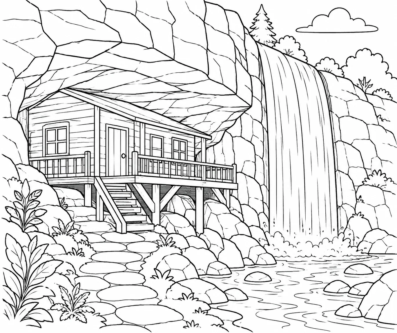Stilt Cabin Beside Waterfall Coloring Page