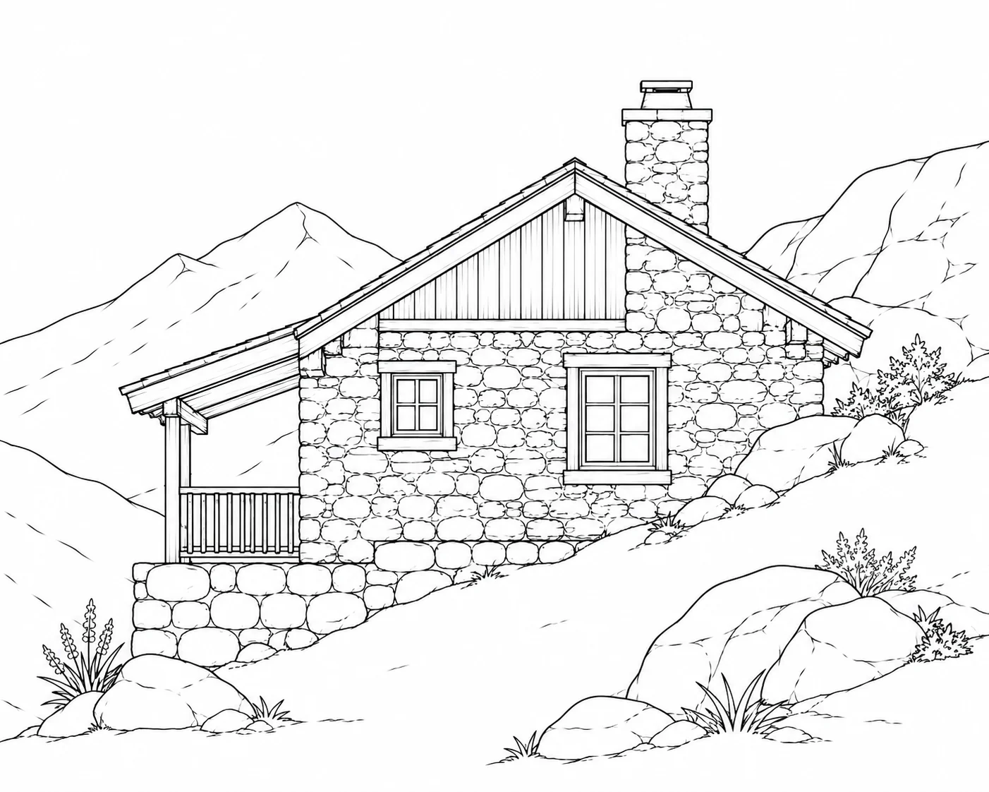 Stone Base Mountain Cabin Coloring Page