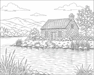 Stone Cottage Beside Quiet Lake Coloring Page