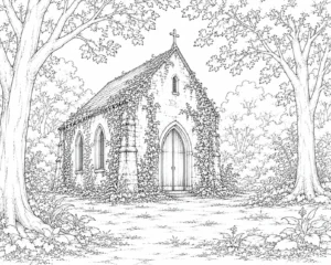 Stone Cottage in the Woods Coloring Page
