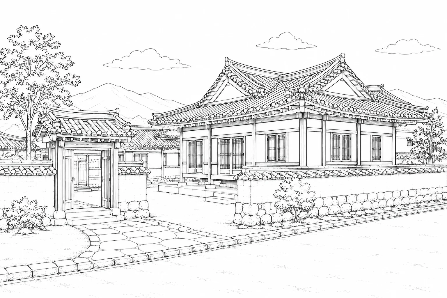 Stone Cottage Scene 674 Coloring Page
