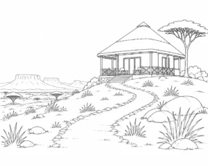 Stone Path Safari Hut Coloring Page