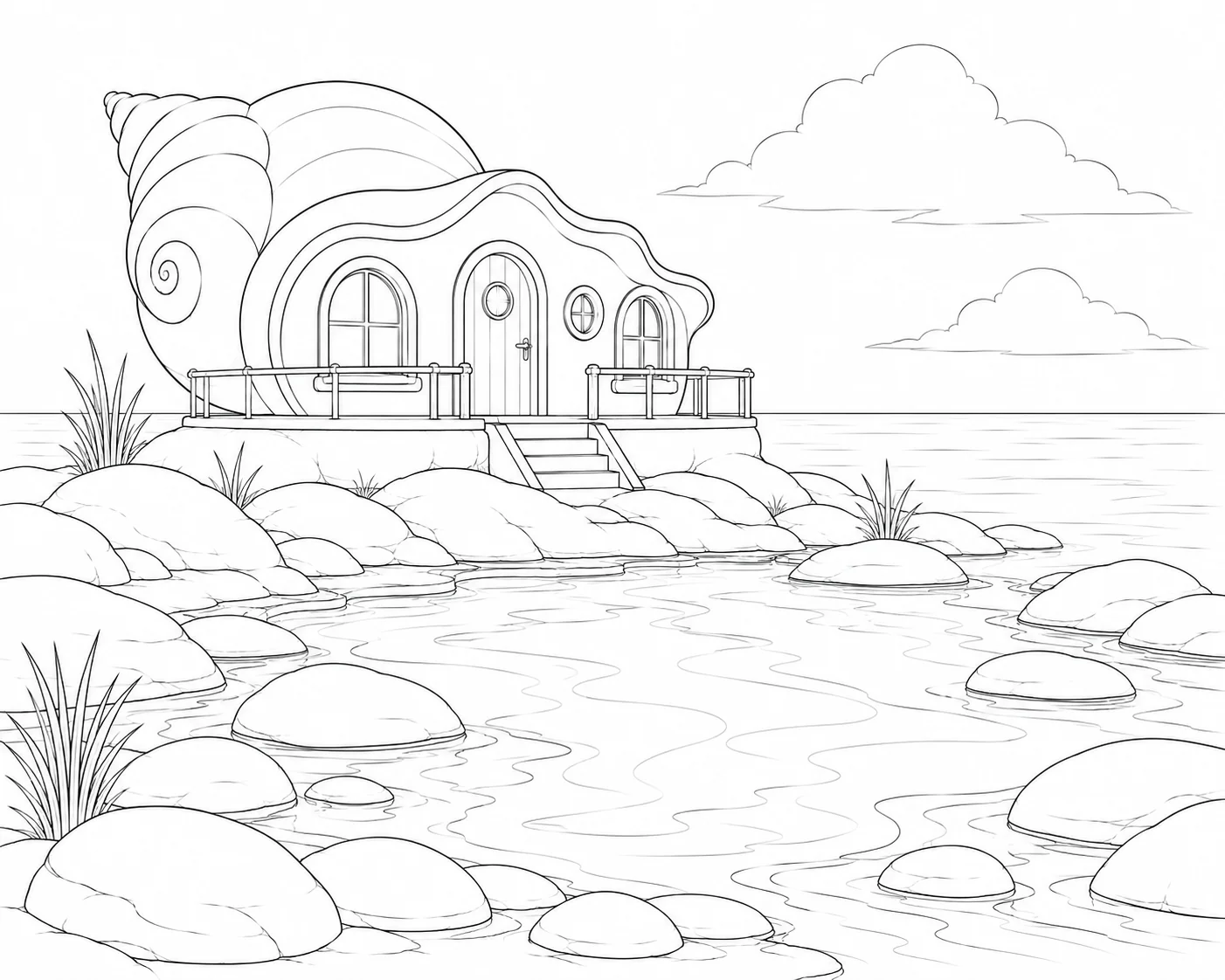 Stone Path Shell House by the Sea Coloring Page