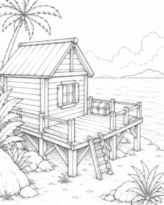Stump House Island Beach Cabin Coloring Page