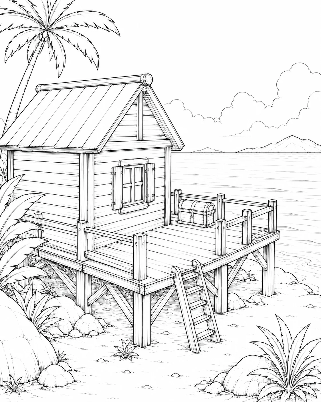 Stump House Island Beach Cabin Coloring Page