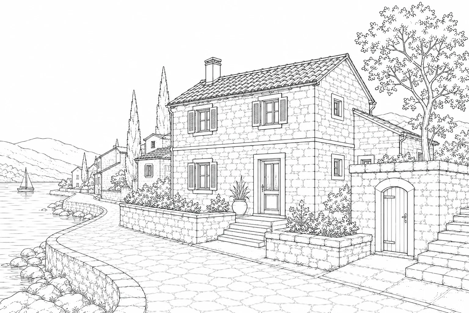 Suburban House With Front Yard Coloring Page