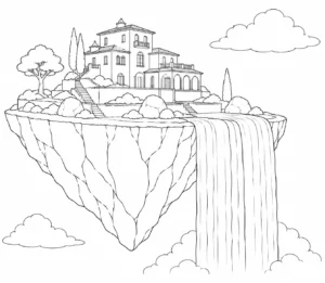 Sunny Floating Island House Coloring Page