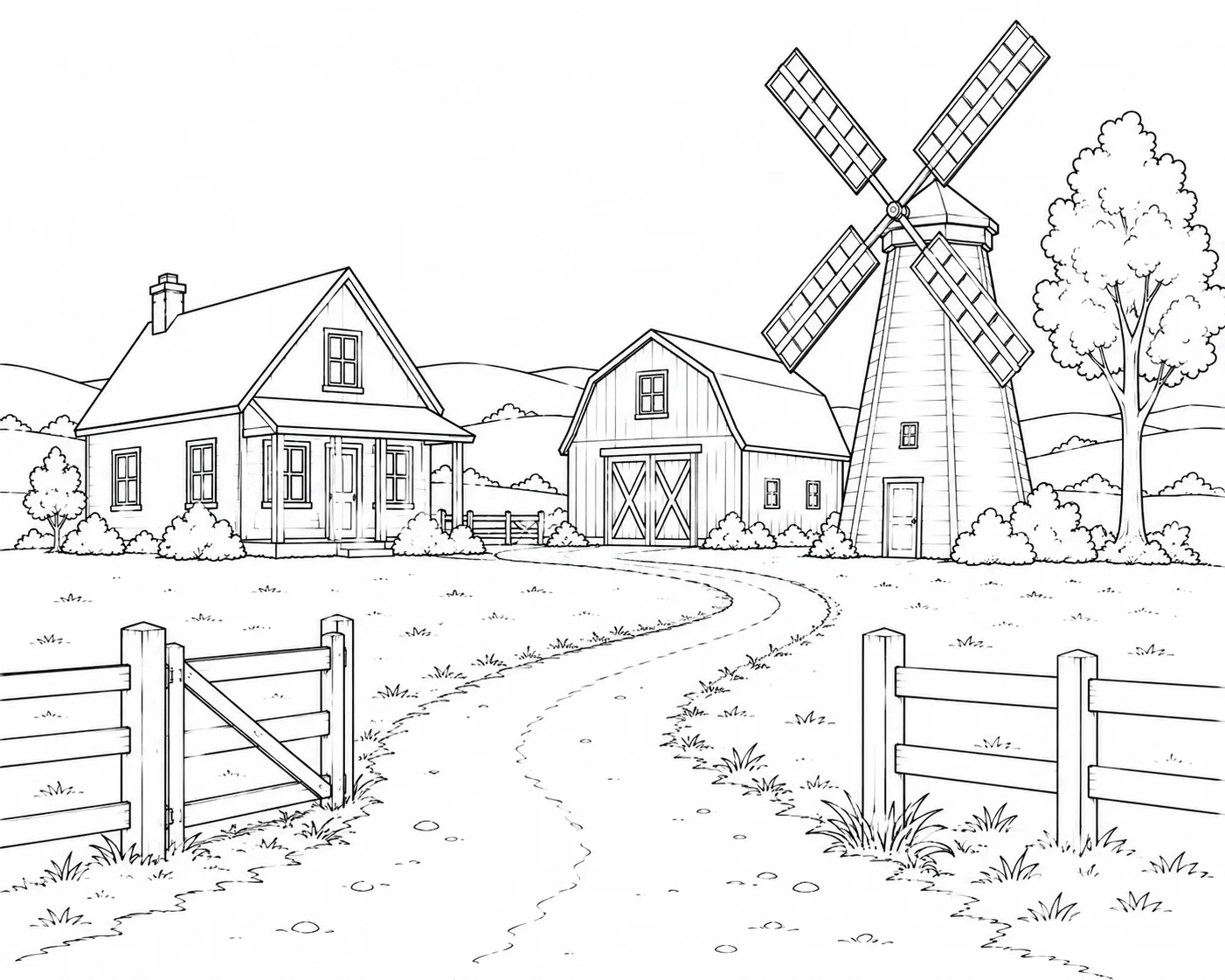 Sunset Farm Cottage With Barn Coloring Page