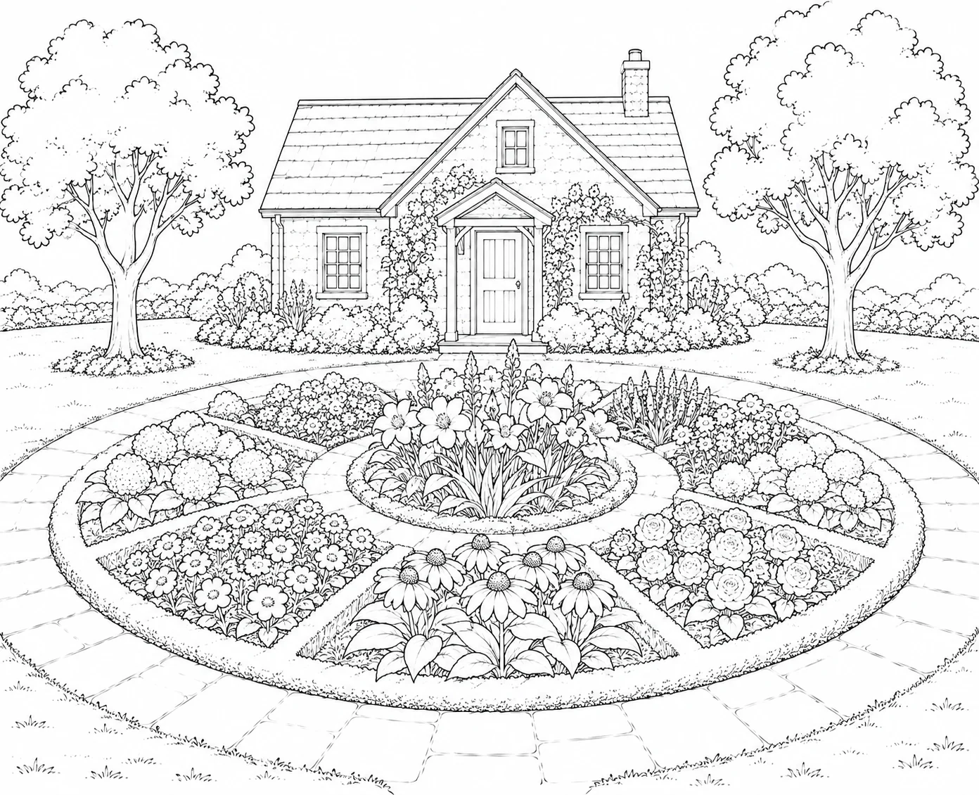 Sunset Flower Covered Cottage Coloring Page