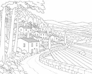 Sunset Hillside Village Coloring Page