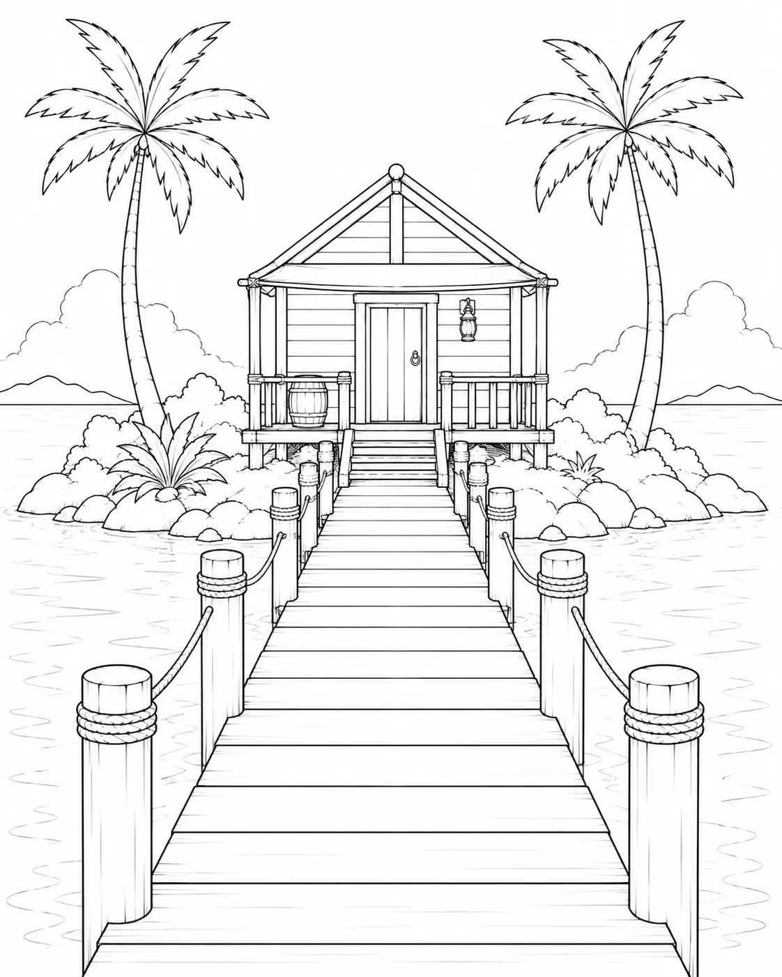 Sunset Pirate Island Cabin Coloring Page