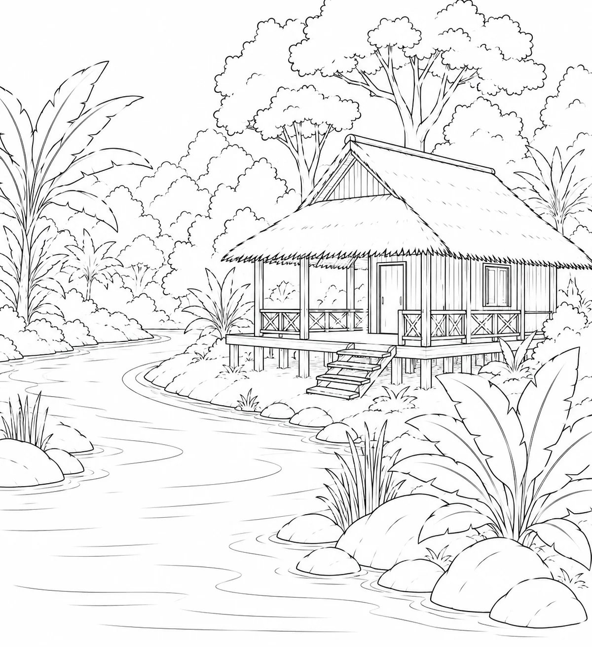 Sunset Rainforest Hut Coloring Page