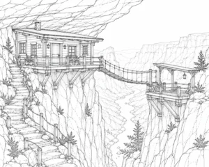 Suspension Bridge Cliff House Coloring Page