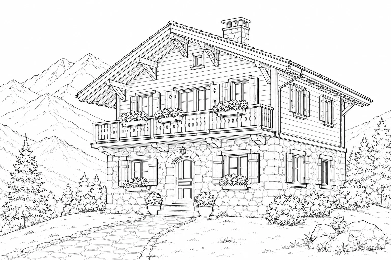 Swiss Chalet House Coloring Page