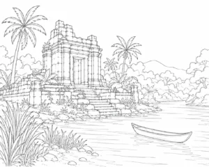 Temple by Jungle River Coloring Page