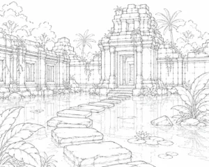 Temple Courtyard With Reflecting Pool Coloring Page