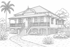 Thatched Village Hut Scene 599 Coloring Page