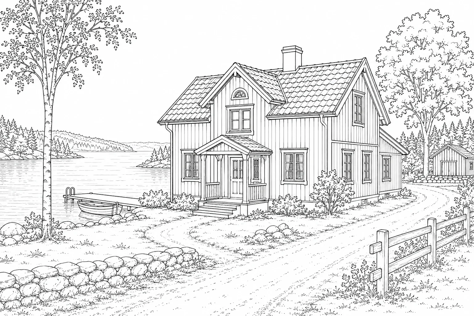 Thatched Village Hut Scene 647 Coloring Page