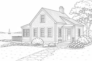 Timber Frame House Scene 344 Coloring Page