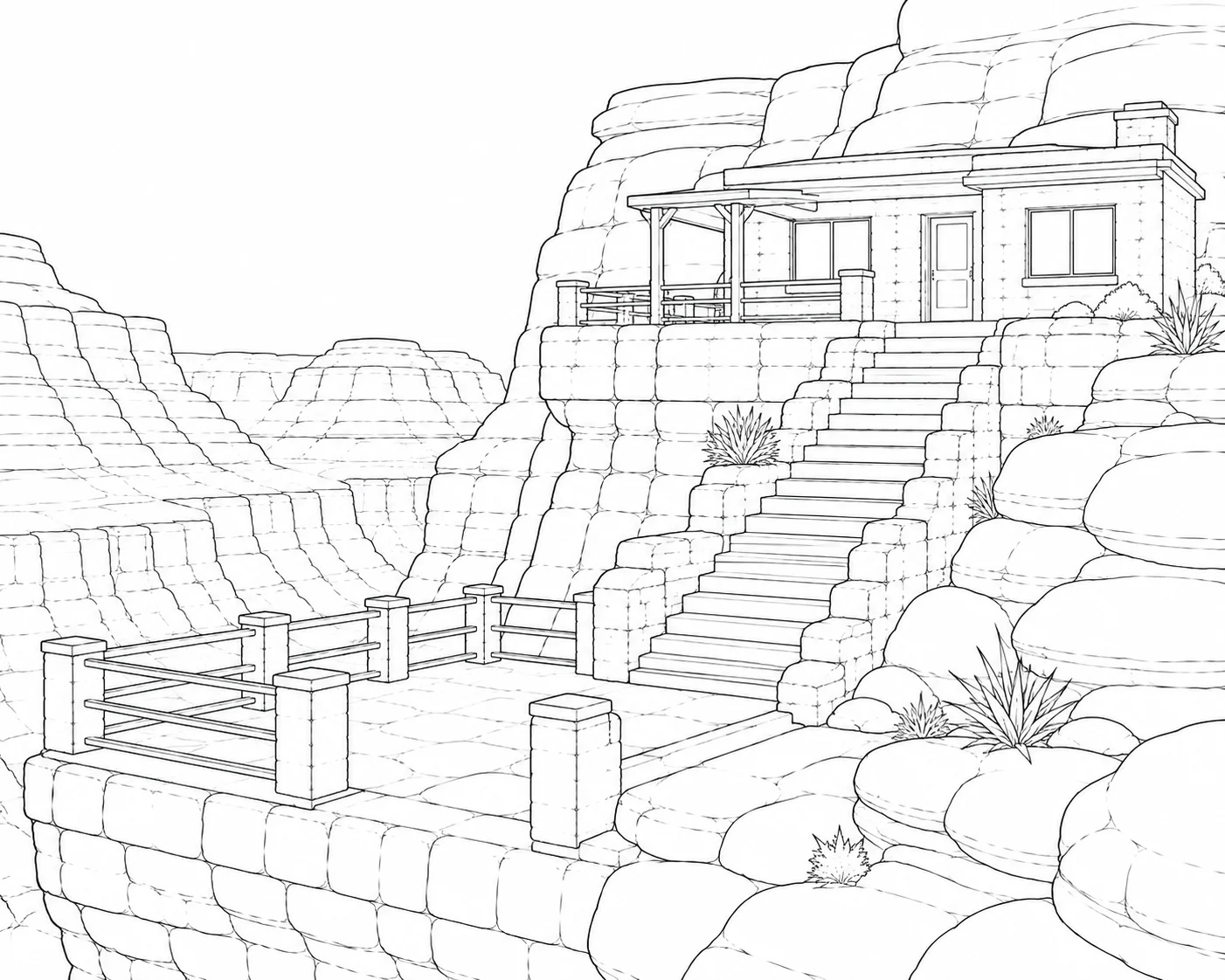 Tiny Hillside Village Coloring Page