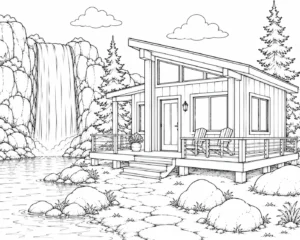 Tiny Modern Waterfall House Coloring Page