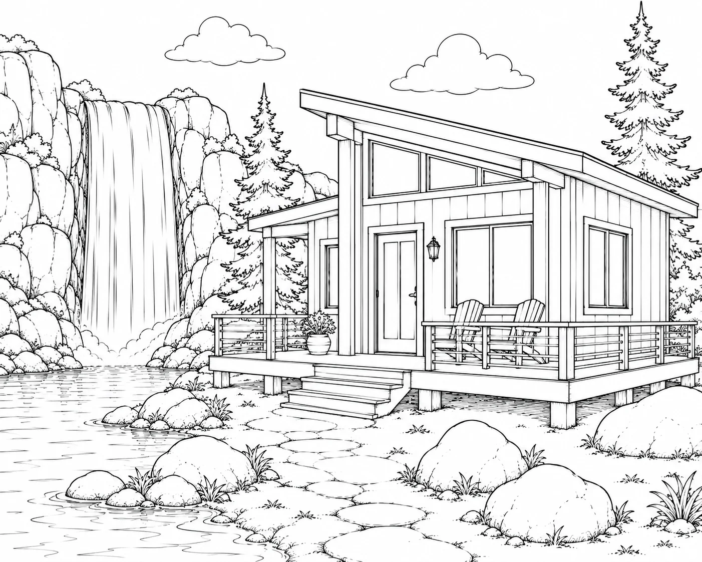 Tiny Modern Waterfall House Coloring Page