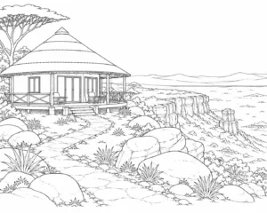 Tree Framed Safari Hut Coloring Page